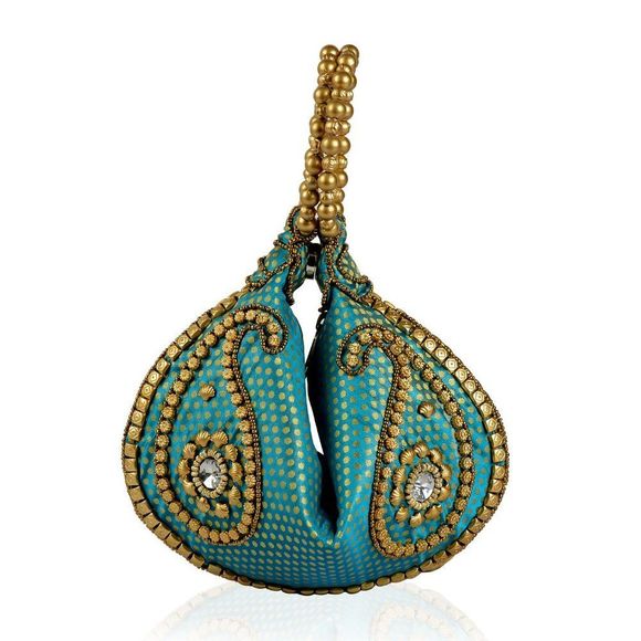 Handbags - Potli Beaded Bag Turquoise, Golden and Beige Brocade, Pearl, Acrylic